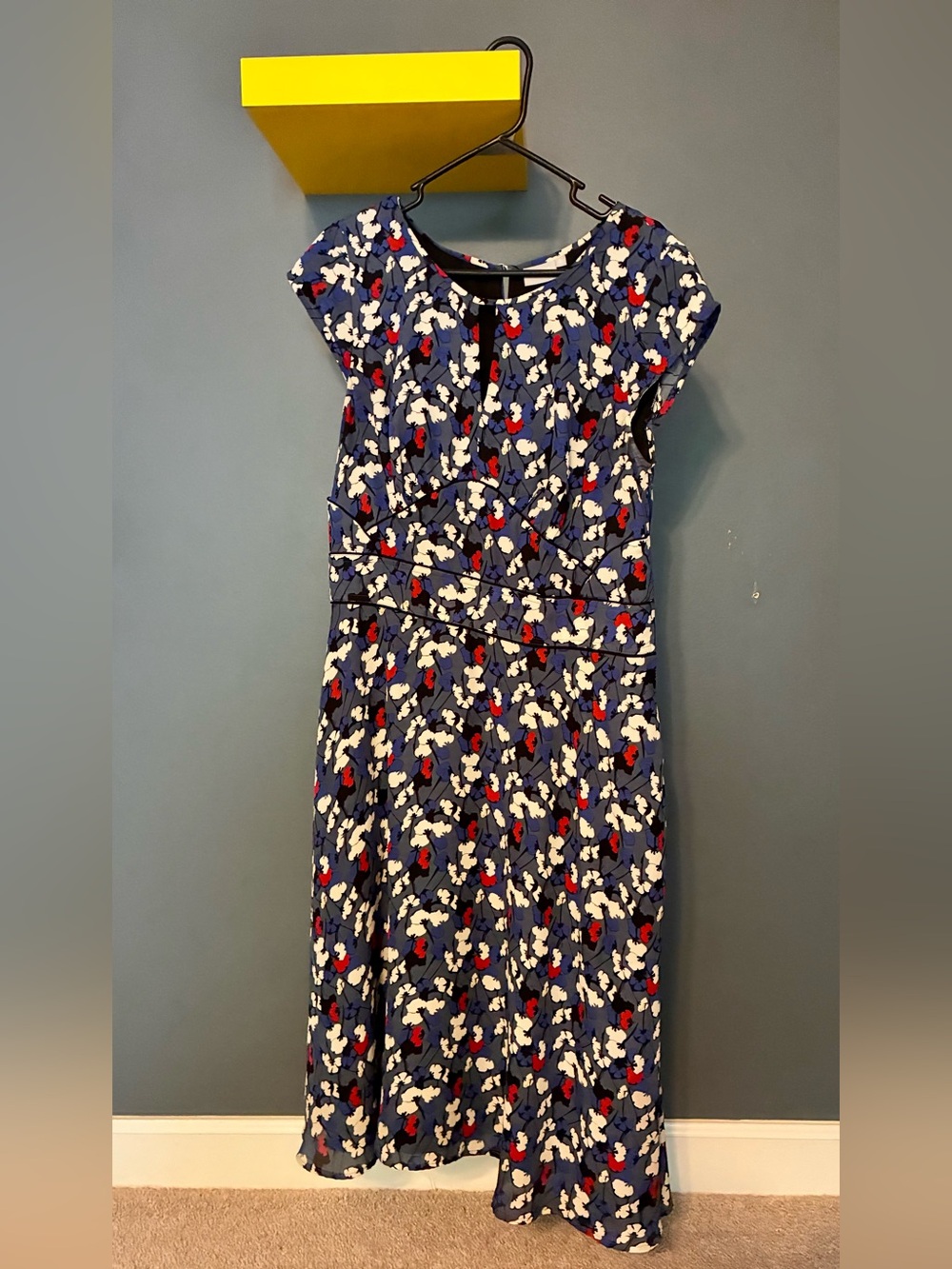 eshakti Navy Floral Cap-Sleeve Dress with White & Red Accents